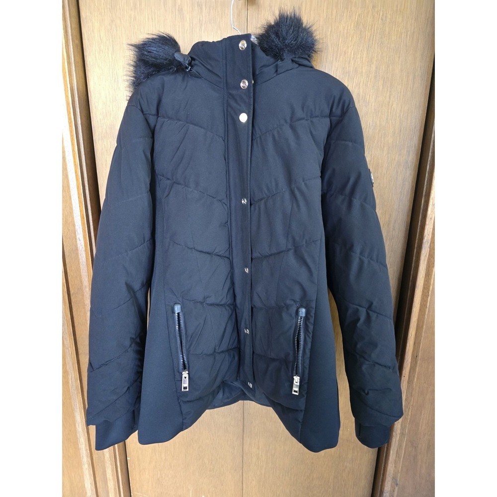 Michael Kors Black Faux Fur Trim Hooded Puffer‎ Coat Women's Size XL